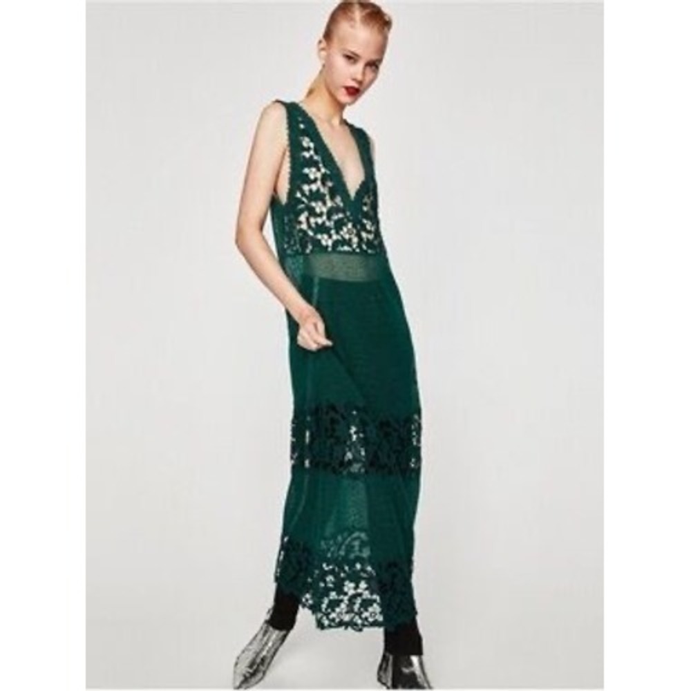 Zara Trafaluc Green Crochet Lace Mesh Maxi Dress Sleeveless V-Neck Size S NWOT